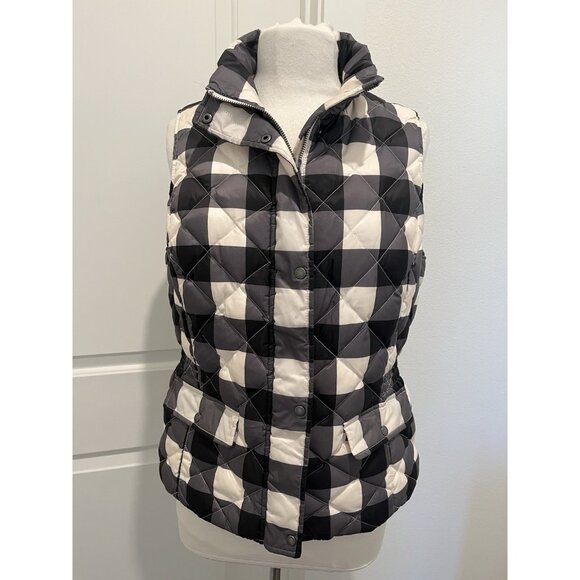 Talbots Jackets & Blazers - Talbots Down Fill Puffer Vest Size M Black White Plaid Elastic Waist Zip Snaps